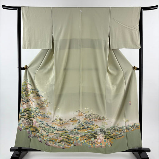 色留袖禮服 身長159.5cm 袖長64cm M 雙層 落款あり 風景 建物 染分 淡化 灰綠 純蠶絲 名品級 一つ紋