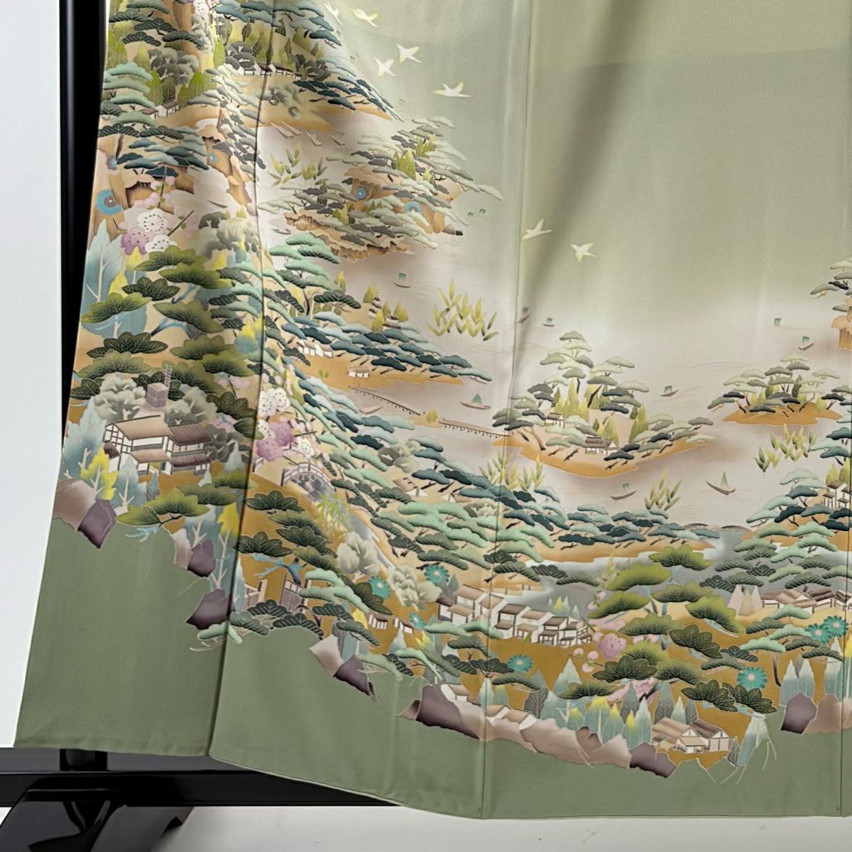 色留袖禮服 身長159.5cm 袖長64cm M 雙層 落款あり 風景 建物 染分 淡化 灰綠 純蠶絲 名品級 一つ紋