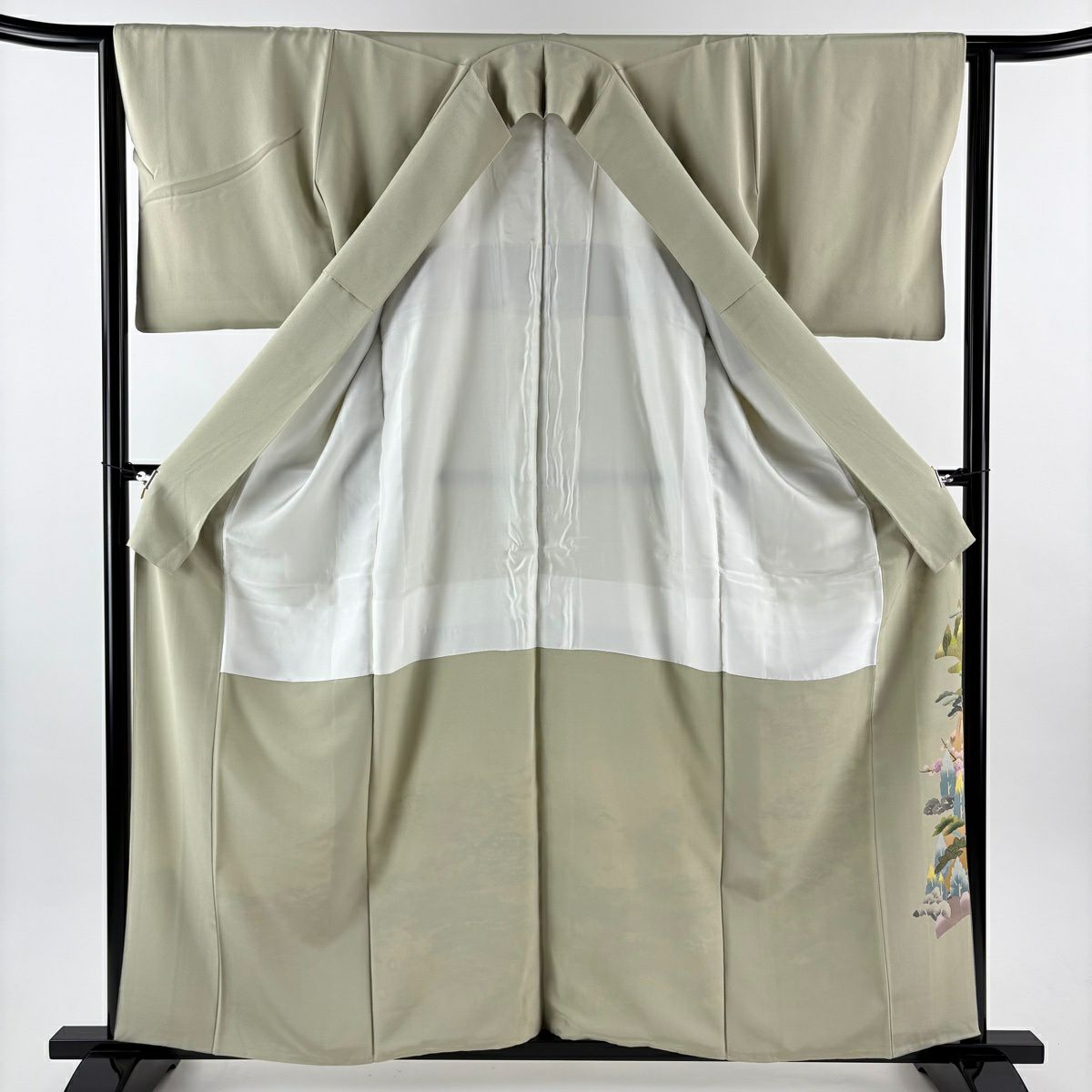 色留袖禮服 身長159.5cm 袖長64cm M 雙層 落款あり 風景 建物 染分 淡化 灰綠 純蠶絲 名品級 一つ紋