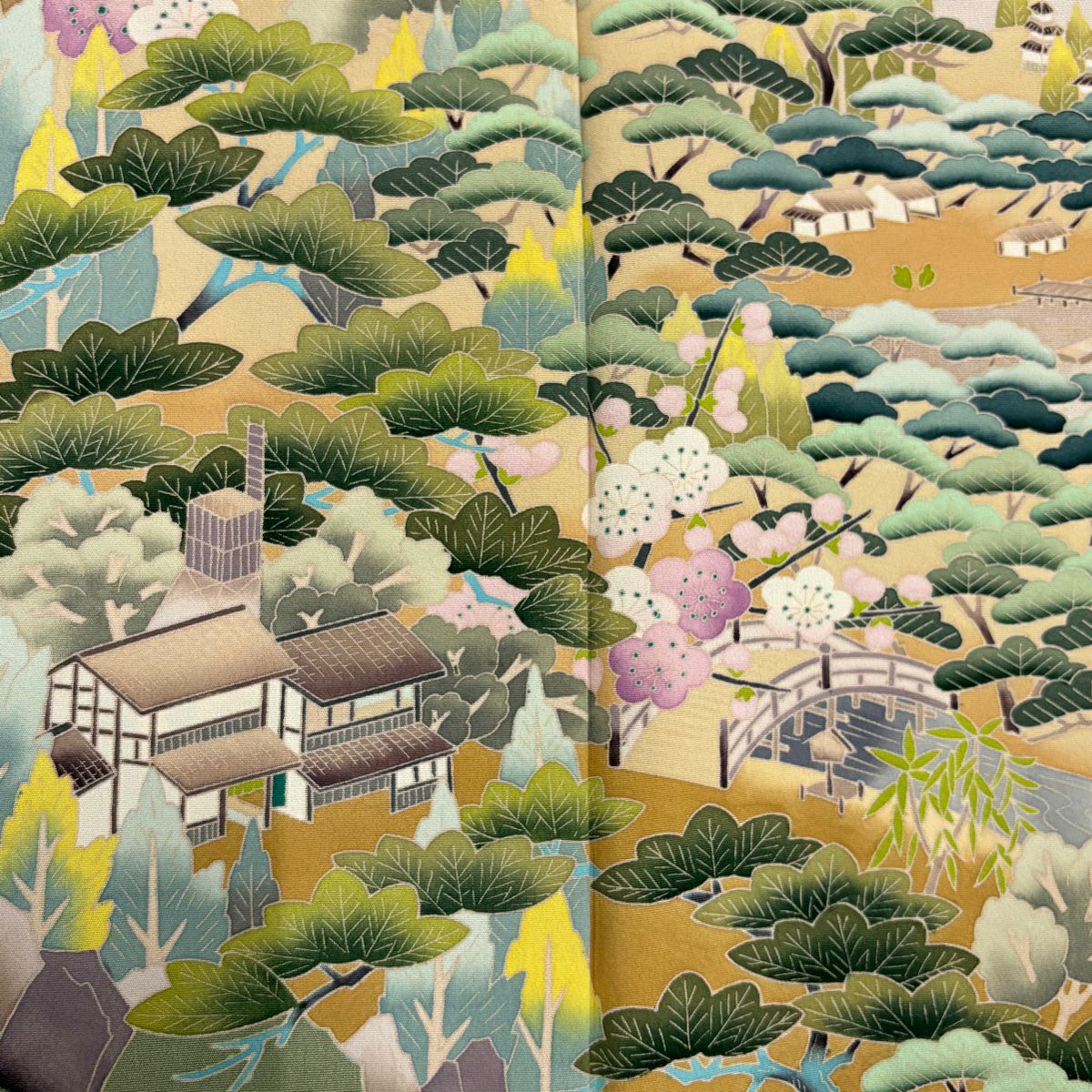 色留袖禮服 身長159.5cm 袖長64cm M 雙層 落款あり 風景 建物 染分 淡化 灰綠 純蠶絲 名品級 一つ紋