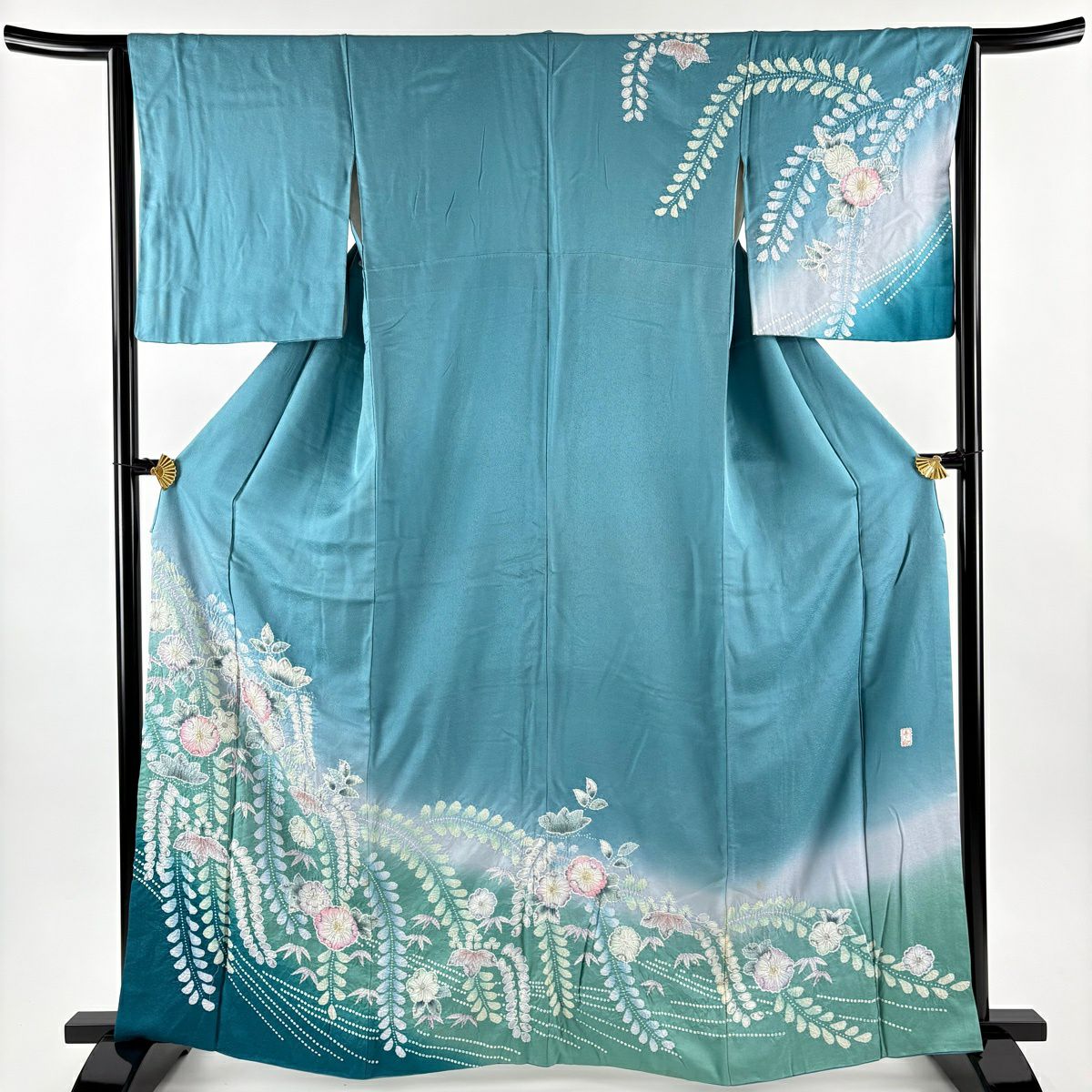 訪問服 身長163cm 袖長64cm M 雙層 落款 草花紋紋 笹 絞染 漸層 青綠 純蠶絲 名品級