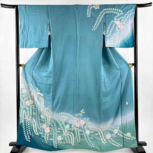 訪問服 身長163cm 袖長64cm M 雙層 落款 草花紋紋 笹 絞染 漸層 青綠 純蠶絲 名品級