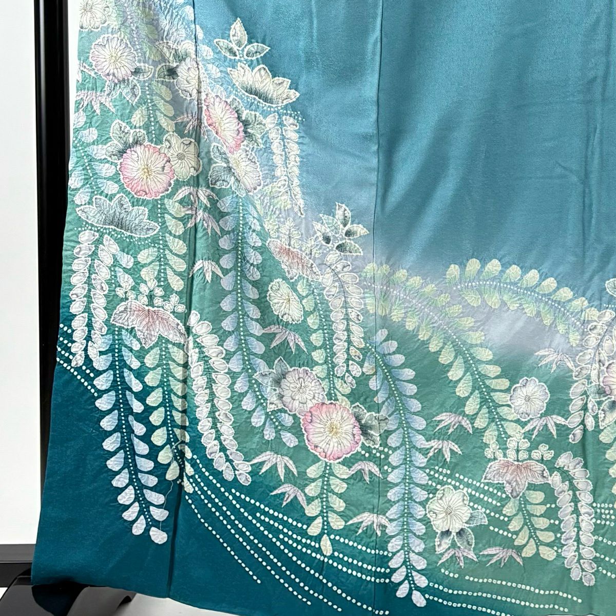 訪問服 身長163cm 袖長64cm M 雙層 落款 草花紋紋 笹 絞染 漸層 青綠 純蠶絲 名品級