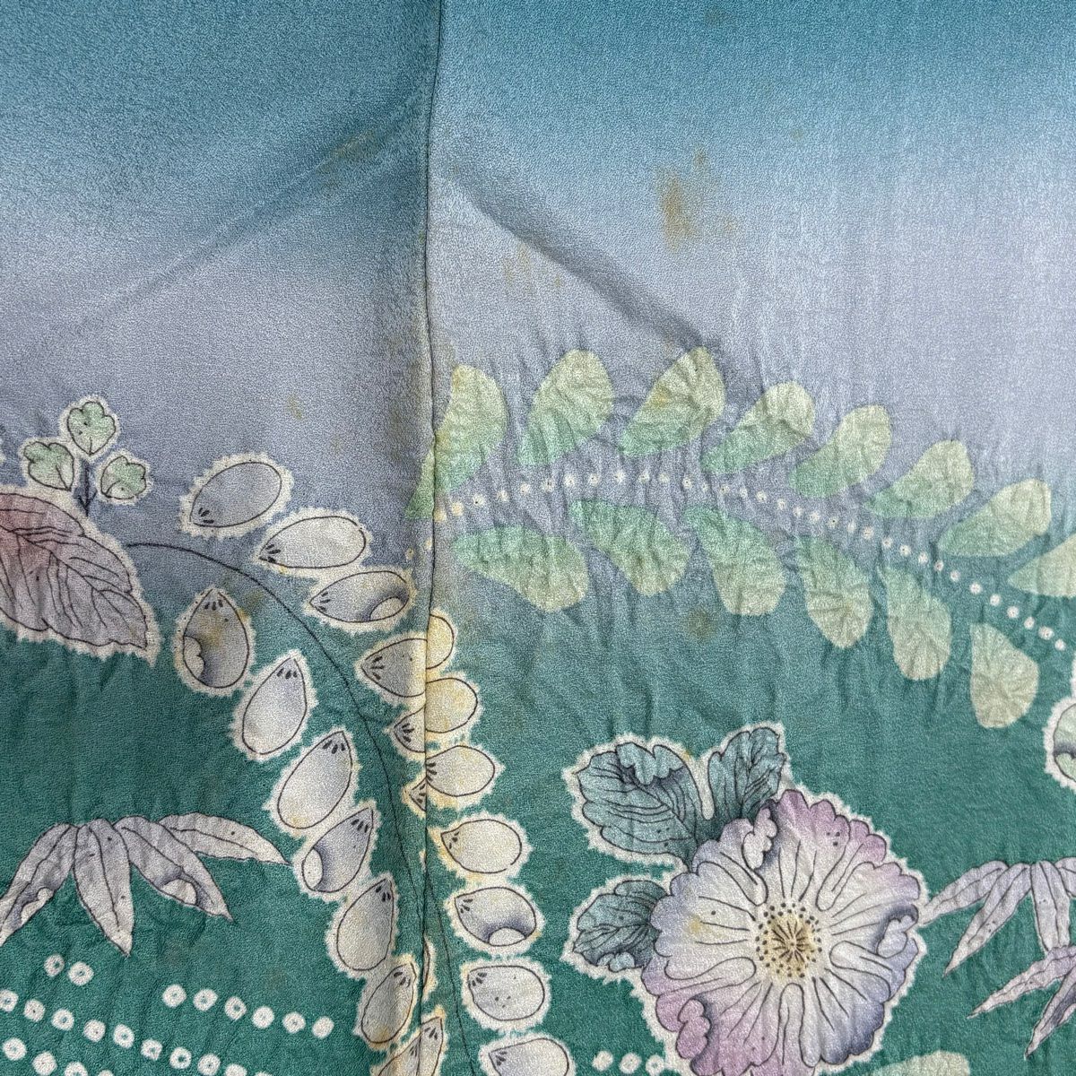 訪問服 身長163cm 袖長64cm M 雙層 落款 草花紋紋 笹 絞染 漸層 青綠 純蠶絲 名品級