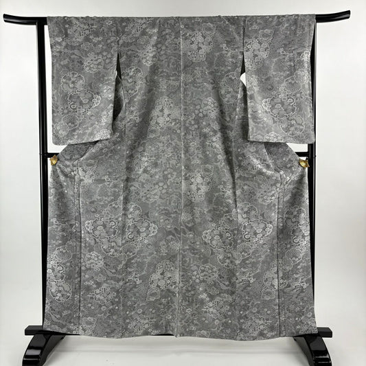 【美品】 小紋 身長161.5cm 袖長63cm S 雙層 山岡古都 有落款 雪輪 草花紋紋意匠 灰色 純蠶絲 逸品級