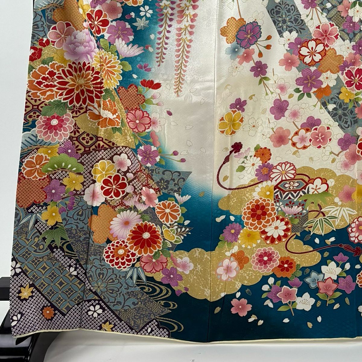振袖禮服 身長168cm 袖長69cm L 雙層 草花紋紋 扇子面 銀通 金銀彩 青綠 純蠶絲 逸品級