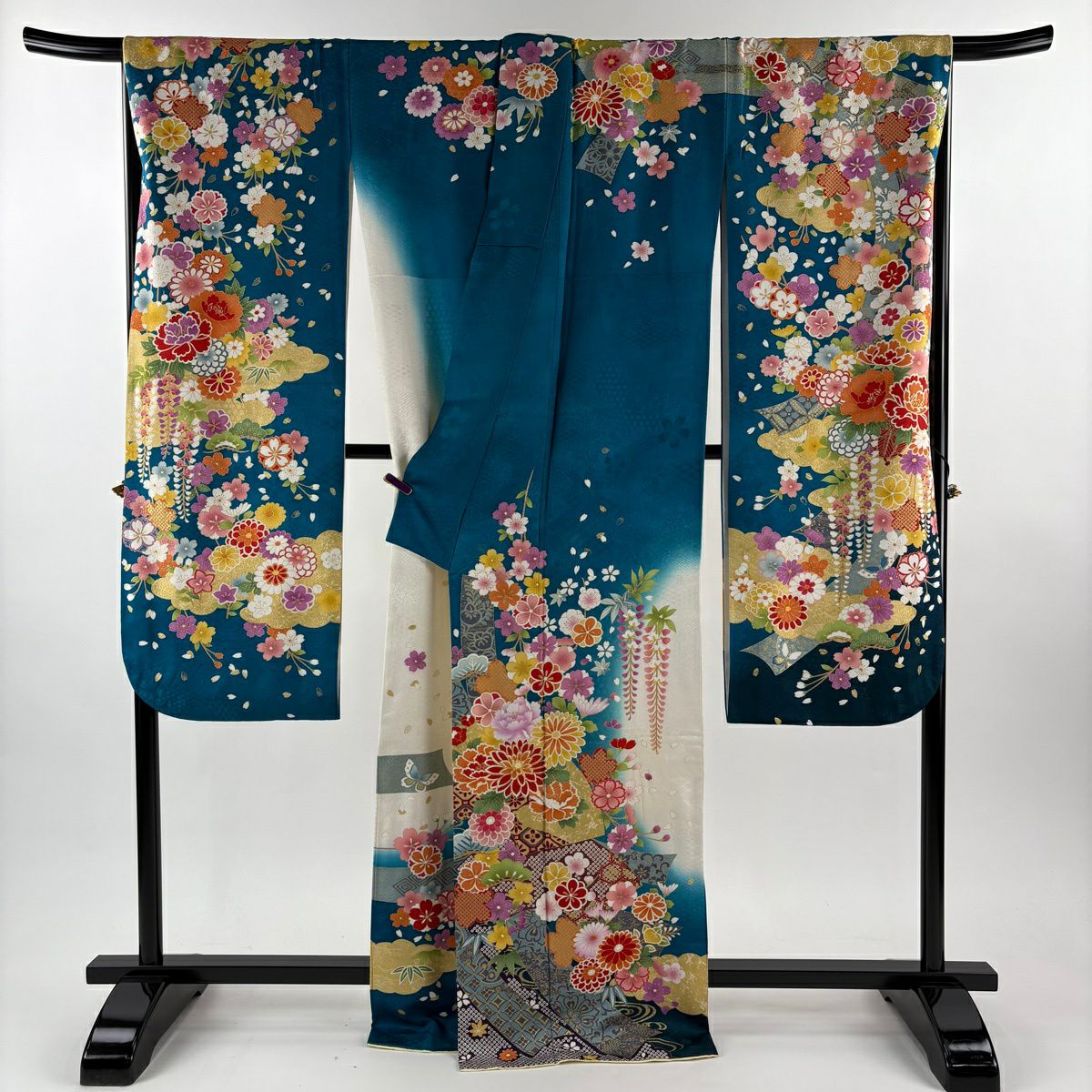 振袖禮服 身長168cm 袖長69cm L 雙層 草花紋紋 扇子面 銀通 金銀彩 青綠 純蠶絲 逸品級