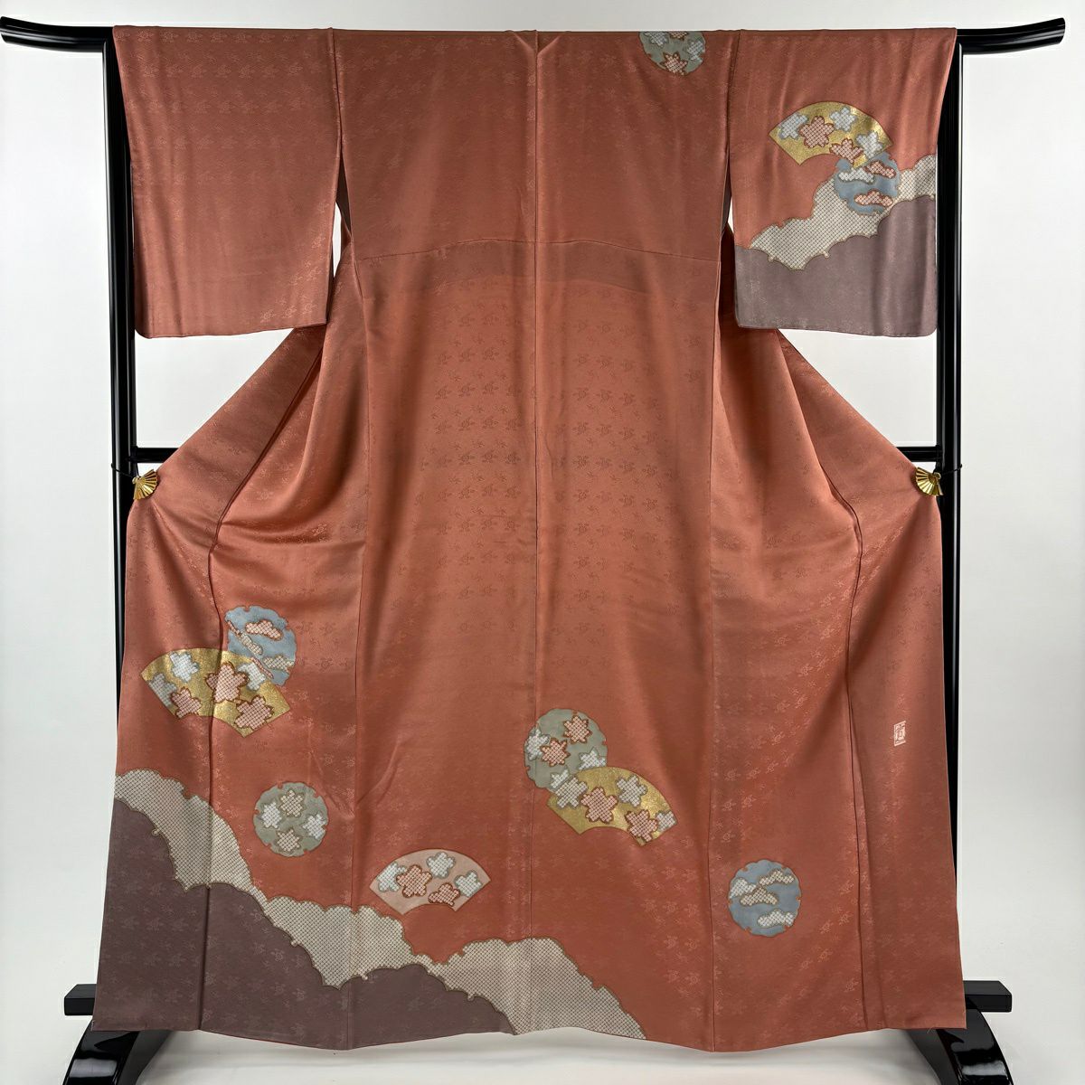 【美品】 付下 身長164cm 袖長64.5cm M 雙層 藤井寛 落款あり 雪輪 扇子面 金絲 金銀彩 鮭粉色 純蠶絲 逸品級