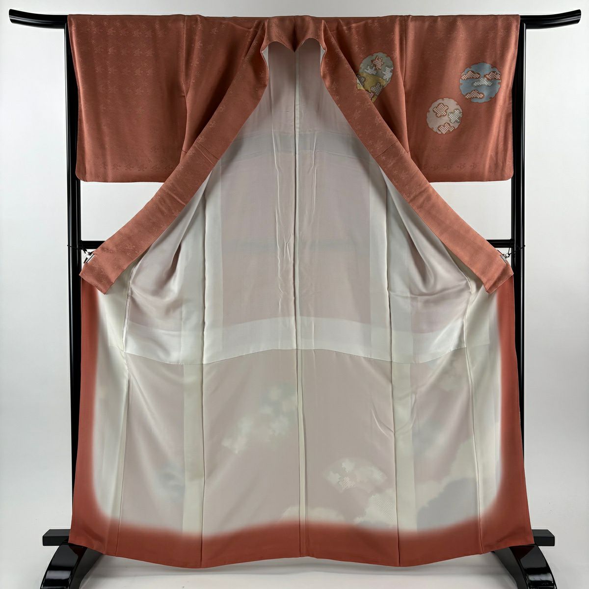 【美品】 付下 身長164cm 袖長64.5cm M 雙層 藤井寛 落款あり 雪輪 扇子面 金絲 金銀彩 鮭粉色 純蠶絲 逸品級