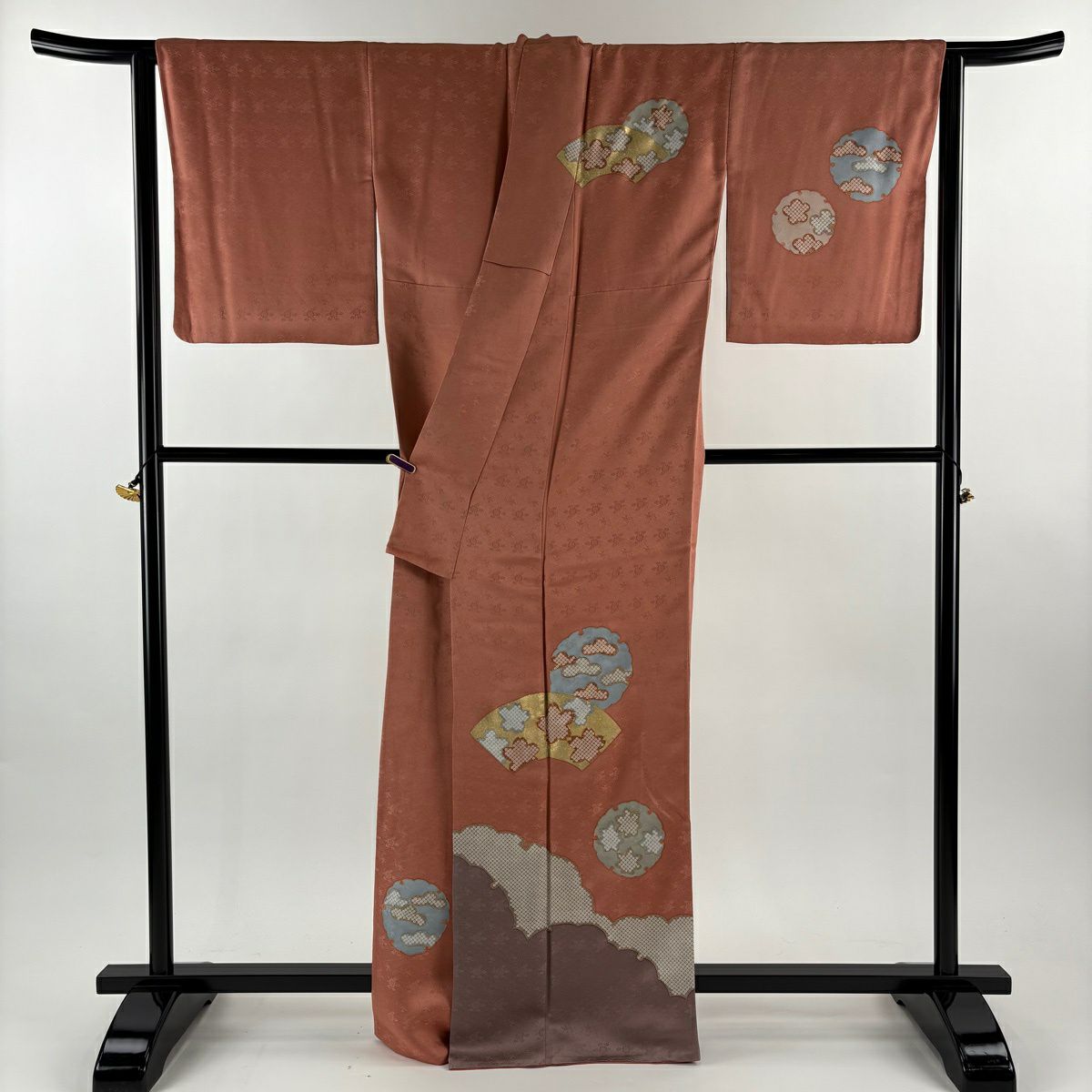 【美品】 付下 身長164cm 袖長64.5cm M 雙層 藤井寛 落款あり 雪輪 扇子面 金絲 金銀彩 鮭粉色 純蠶絲 逸品級