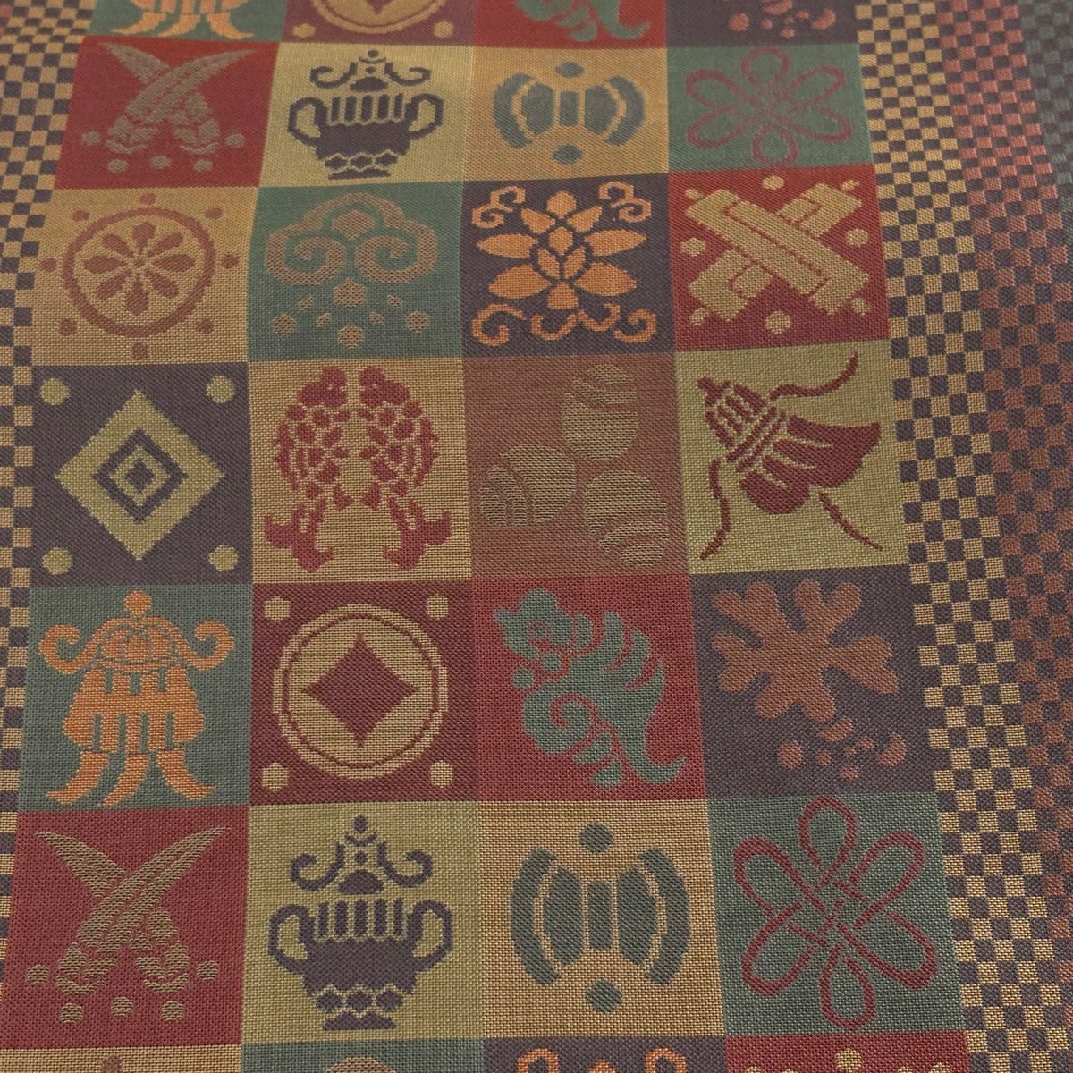 【美品】 袋帶 秀品級 落款あり 菱屋 關西裁縫 寶盡くし 市松樹 灰茶 全通 純蠶絲