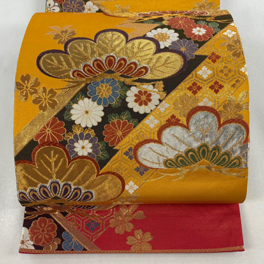 袋帶 秀品級 振袖禮服禮服用 松樹 菊花 金金箔 金銀彩 山吹 深藍 六通 純蠶絲