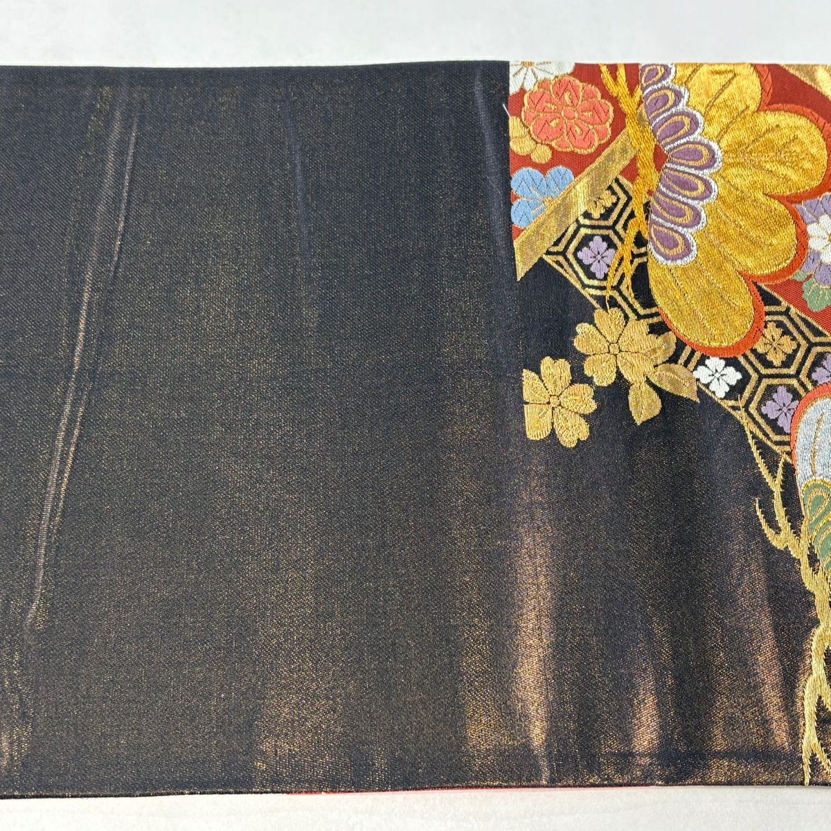 袋帶 秀品級 振袖禮服禮服用 松樹 菊花 金金箔 金銀彩 山吹 深藍 六通 純蠶絲