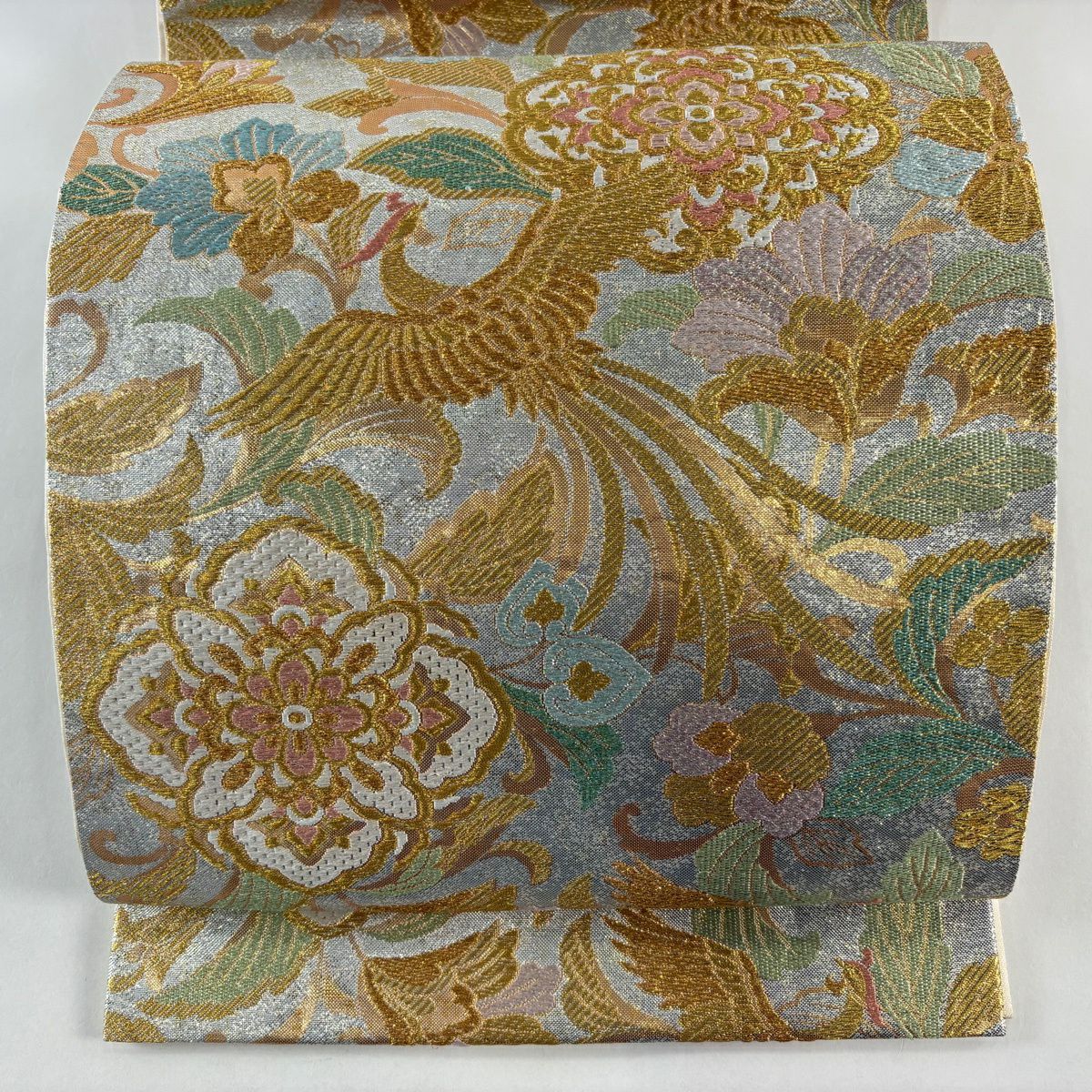 【美品】 袋帶 秀品級 華紋 花鳥 金絲 金金箔 淺綠 六通 純蠶絲