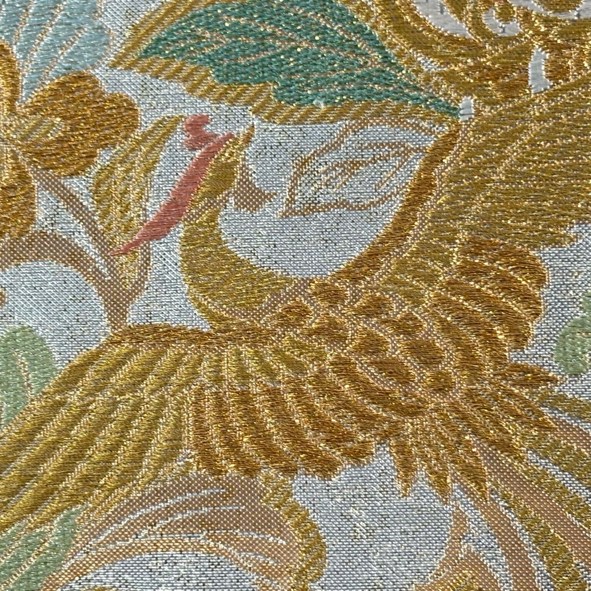 【美品】 袋帶 秀品級 華紋 花鳥 金絲 金金箔 淺綠 六通 純蠶絲