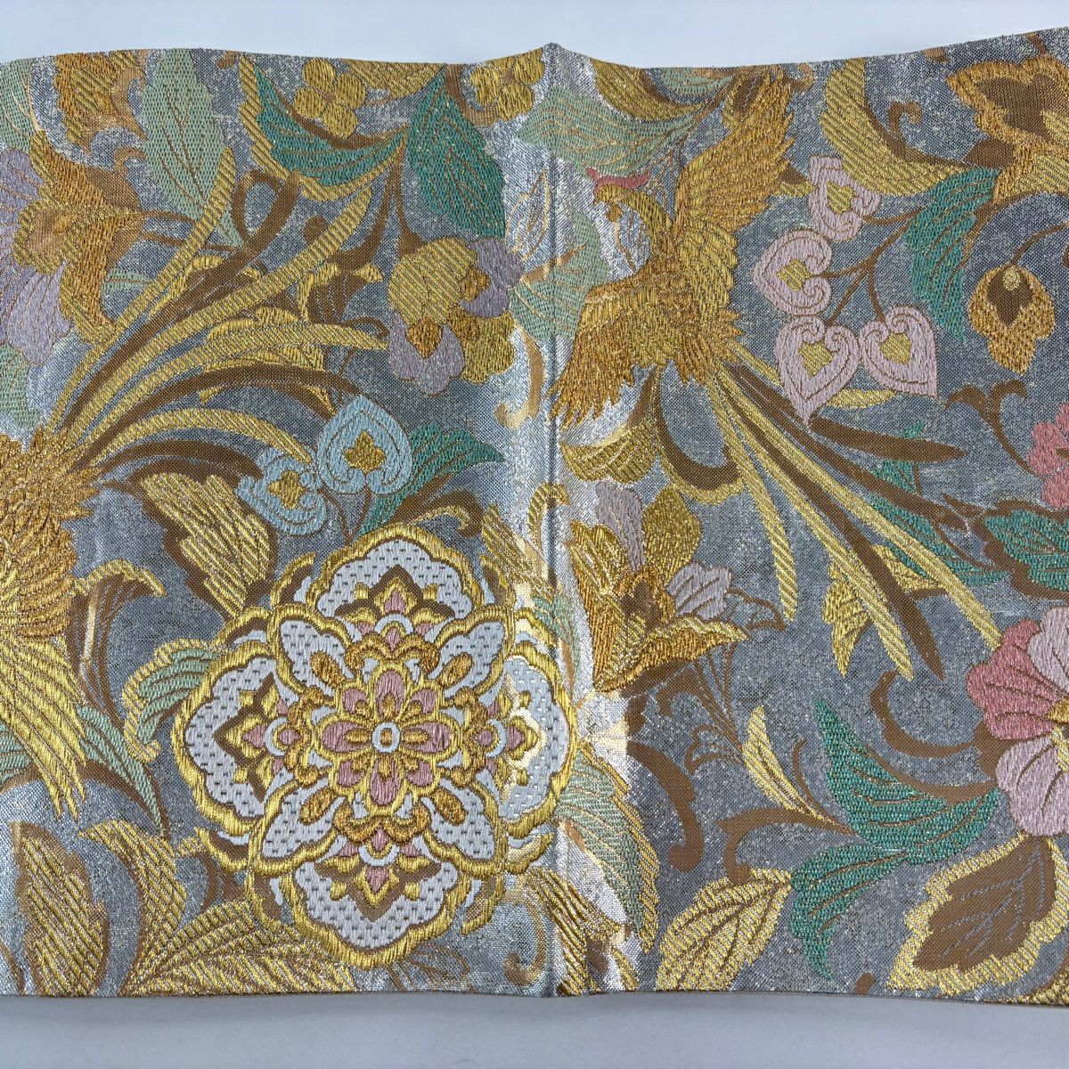 【美品】 袋帶 秀品級 華紋 花鳥 金絲 金金箔 淺綠 六通 純蠶絲