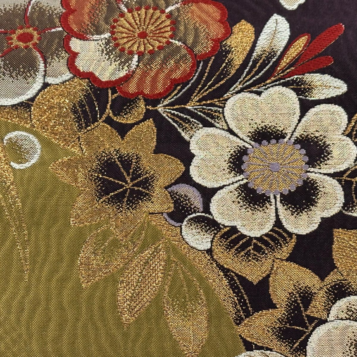 袋帶 秀品級 草花紋紋 藤 金絲 金金箔 鶯 深藍 六通 純蠶絲