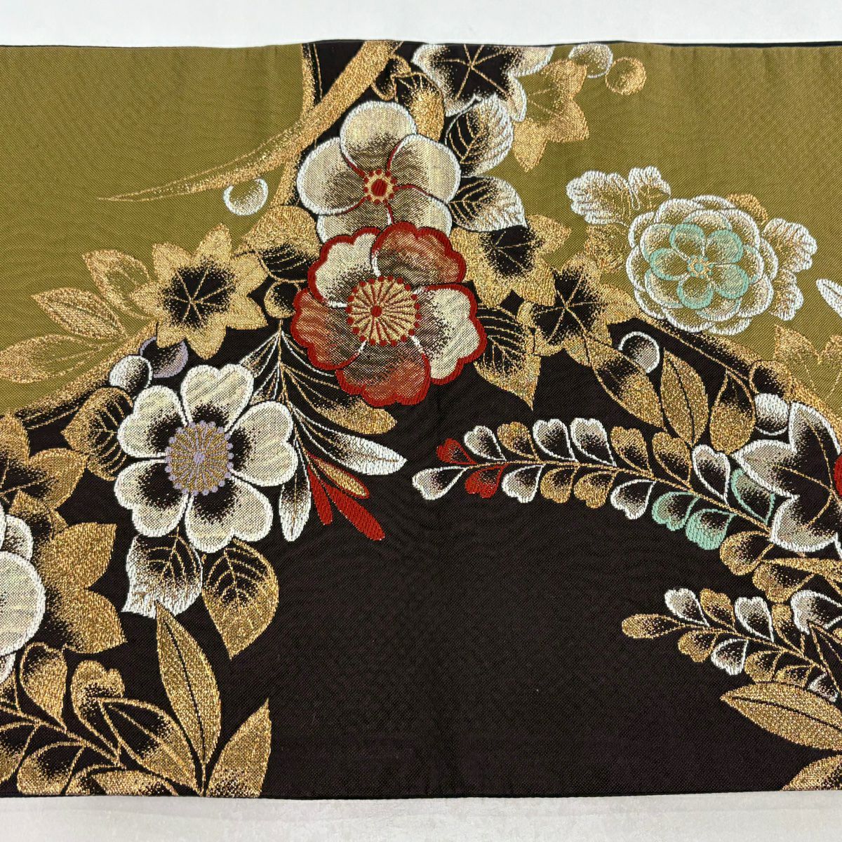 袋帶 秀品級 草花紋紋 藤 金絲 金金箔 鶯 深藍 六通 純蠶絲