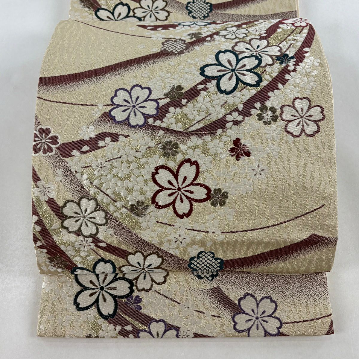 【美品】 袋帶 秀品級櫻花花瓣金金箔唐織薄黃土色六通純蠶絲