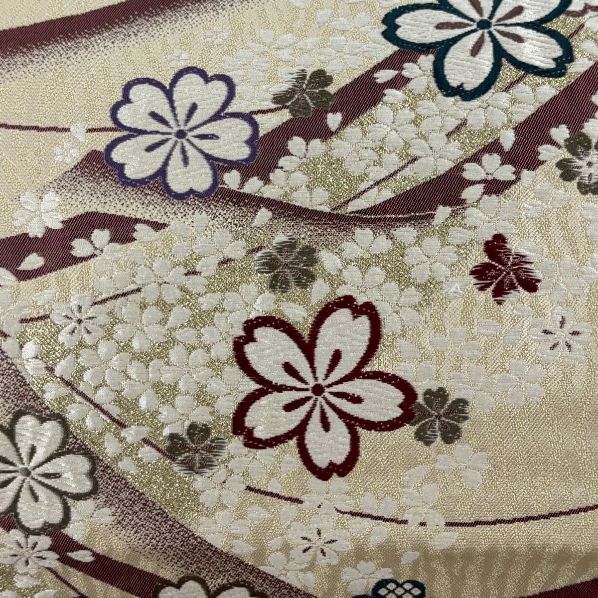 【美品】 袋帶 秀品級櫻花花瓣金金箔唐織薄黃土色六通純蠶絲