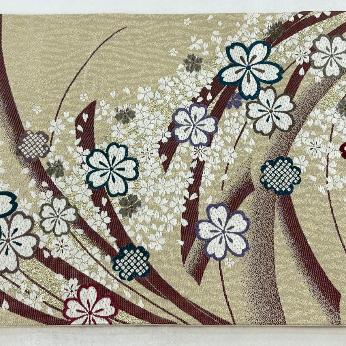 【美品】 袋帶 秀品級櫻花花瓣金金箔唐織薄黃土色六通純蠶絲
