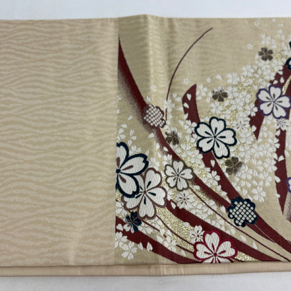 【美品】 袋帶 秀品級櫻花花瓣金金箔唐織薄黃土色六通純蠶絲