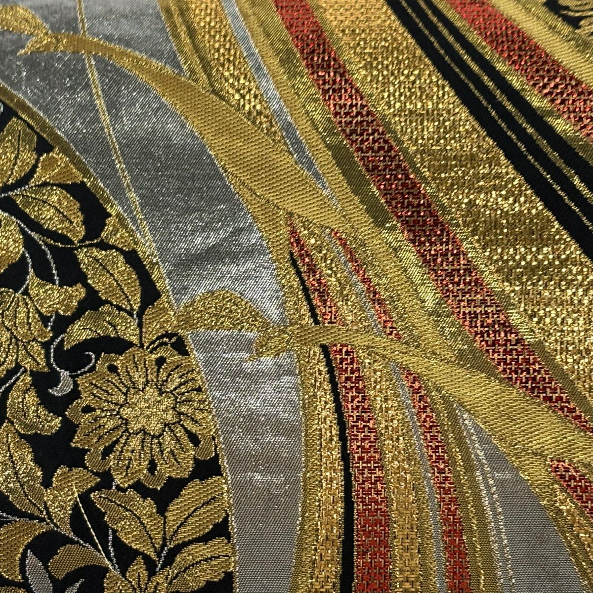 袋帶 秀品級 花唐草紋 鳥 金金箔 金絲 黑 六通 純蠶絲