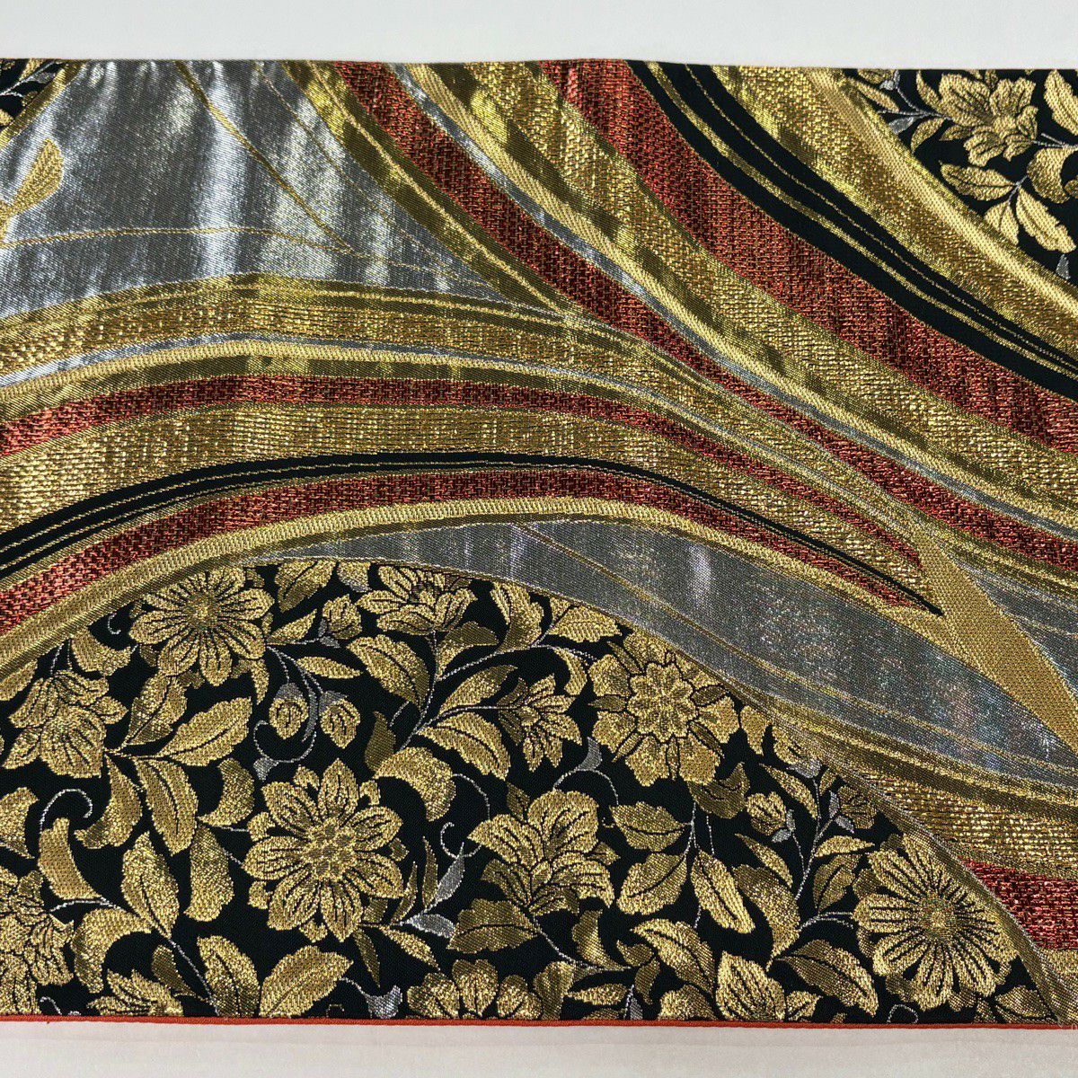 袋帶 秀品級 花唐草紋 鳥 金金箔 金絲 黑 六通 純蠶絲