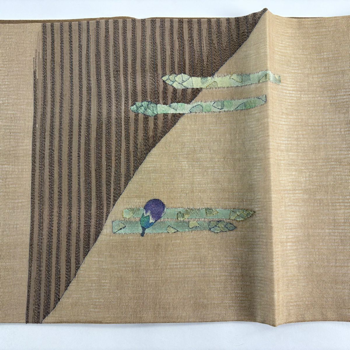 【美品】 袋帶 秀品級 夏帶 茄子 蘆筍 金絲 灰茶 お太鼓圖案 純蠶絲