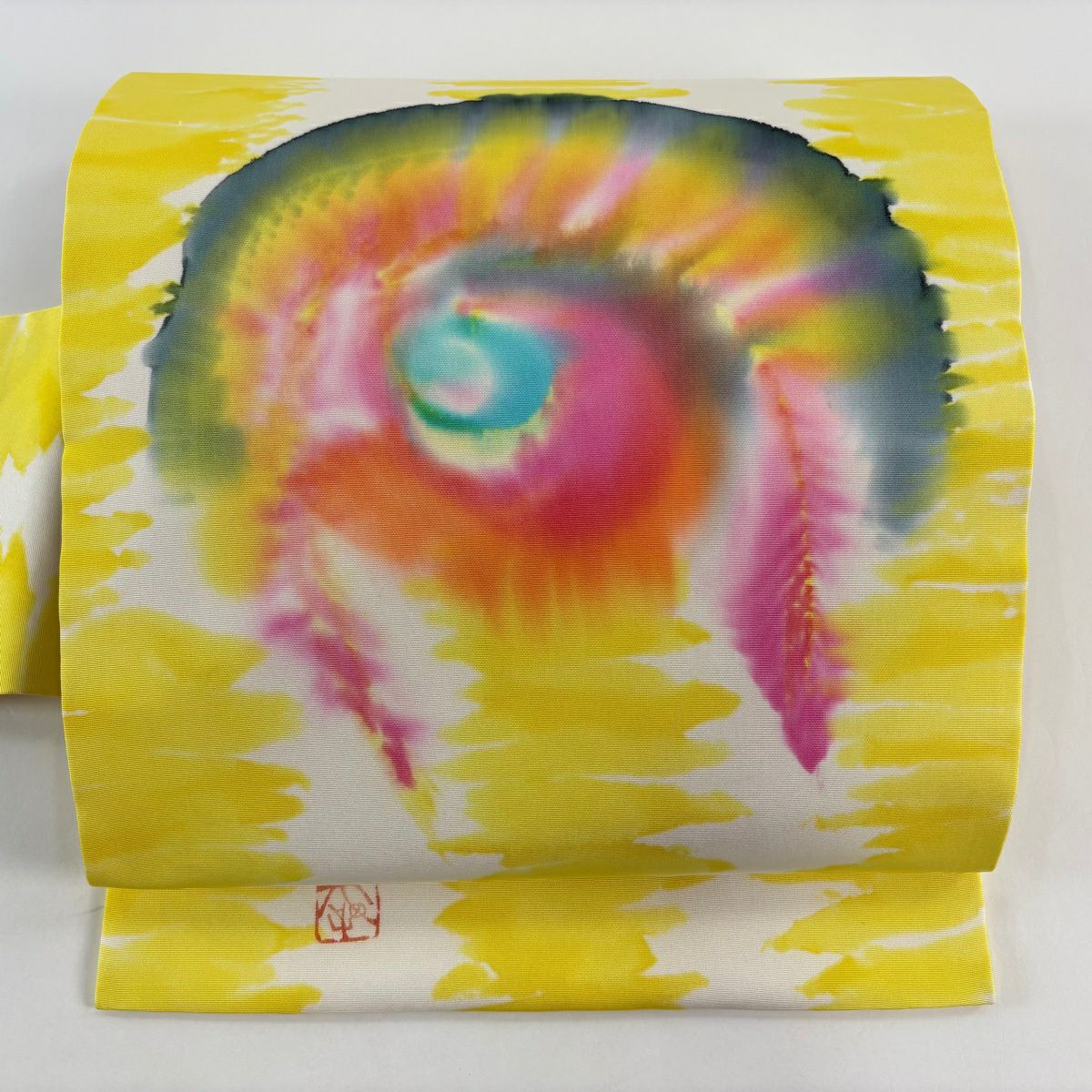 【美品】 名古屋帶 秀品級 落款あり 本鄉大田子 幾何學 黃色 純蠶絲