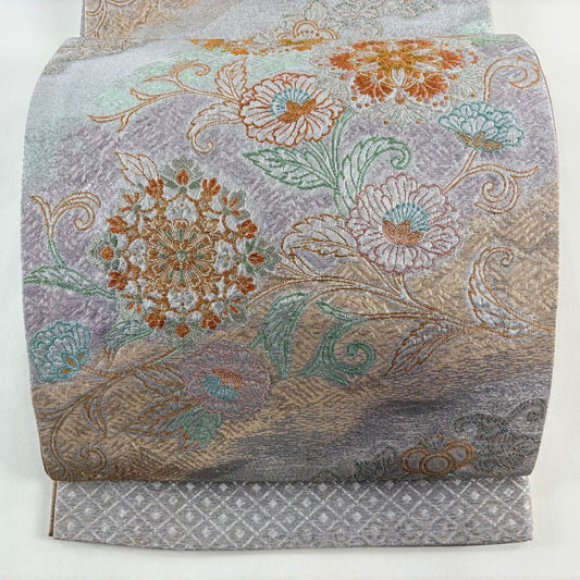 袋帶 秀品級 華紋 花唐草紋 金銀絲 金金箔 灰紫 六通 純蠶絲