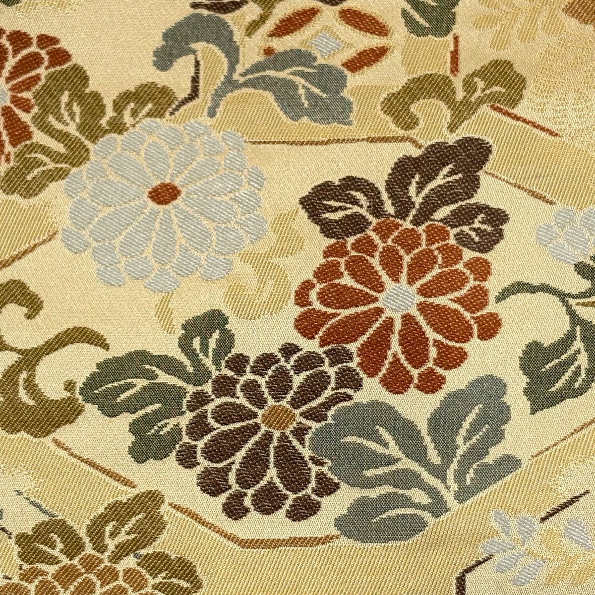 【美品】 袋帶 秀品級 草花紋 蜀江文 金金箔 米色 六通 純蠶絲