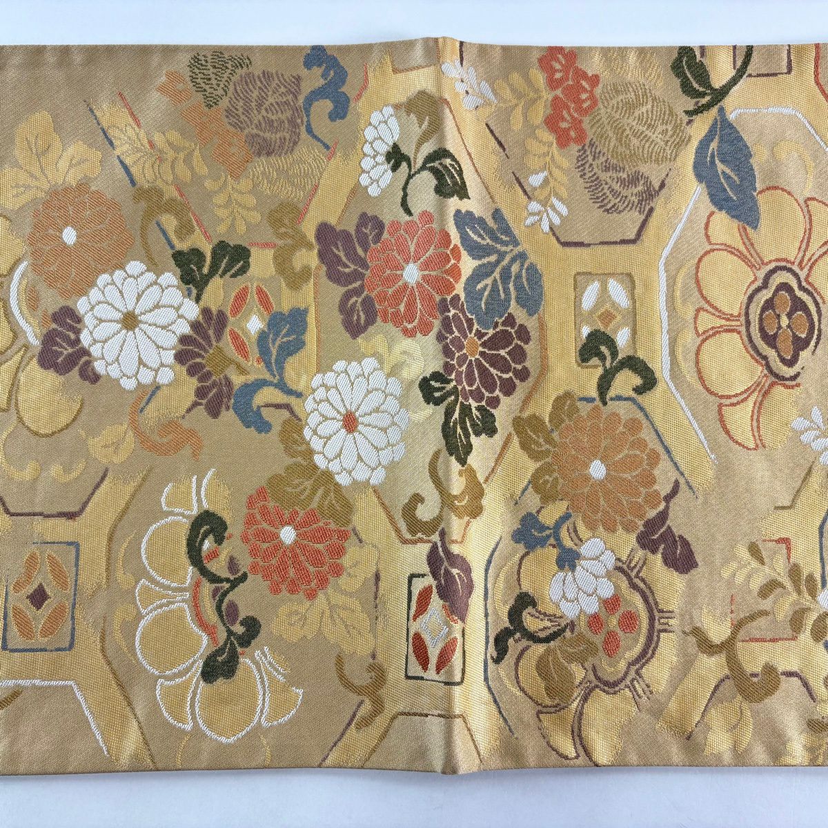 【美品】 袋帶 秀品級 草花紋 蜀江文 金金箔 米色 六通 純蠶絲