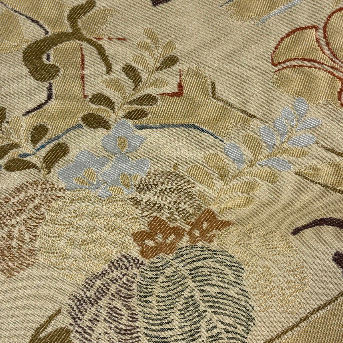 【美品】 袋帶 秀品級 草花紋 蜀江文 金金箔 米色 六通 純蠶絲