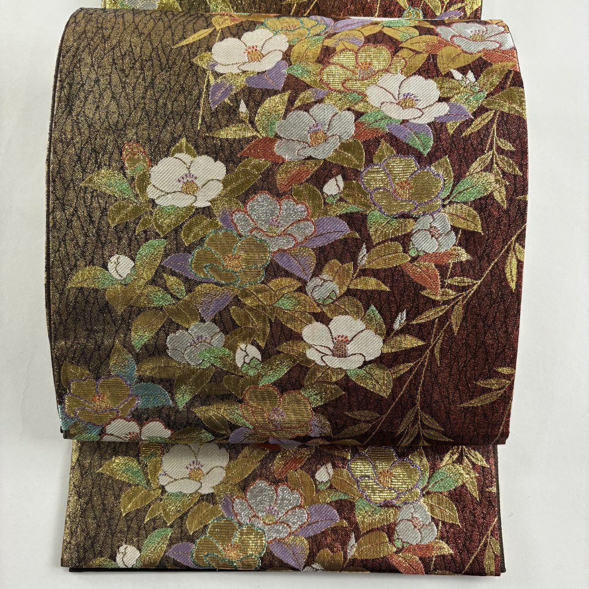 【美品】 袋帶 秀品級 椿 柳 金銀絲 金金箔 金色 六通 純蠶絲