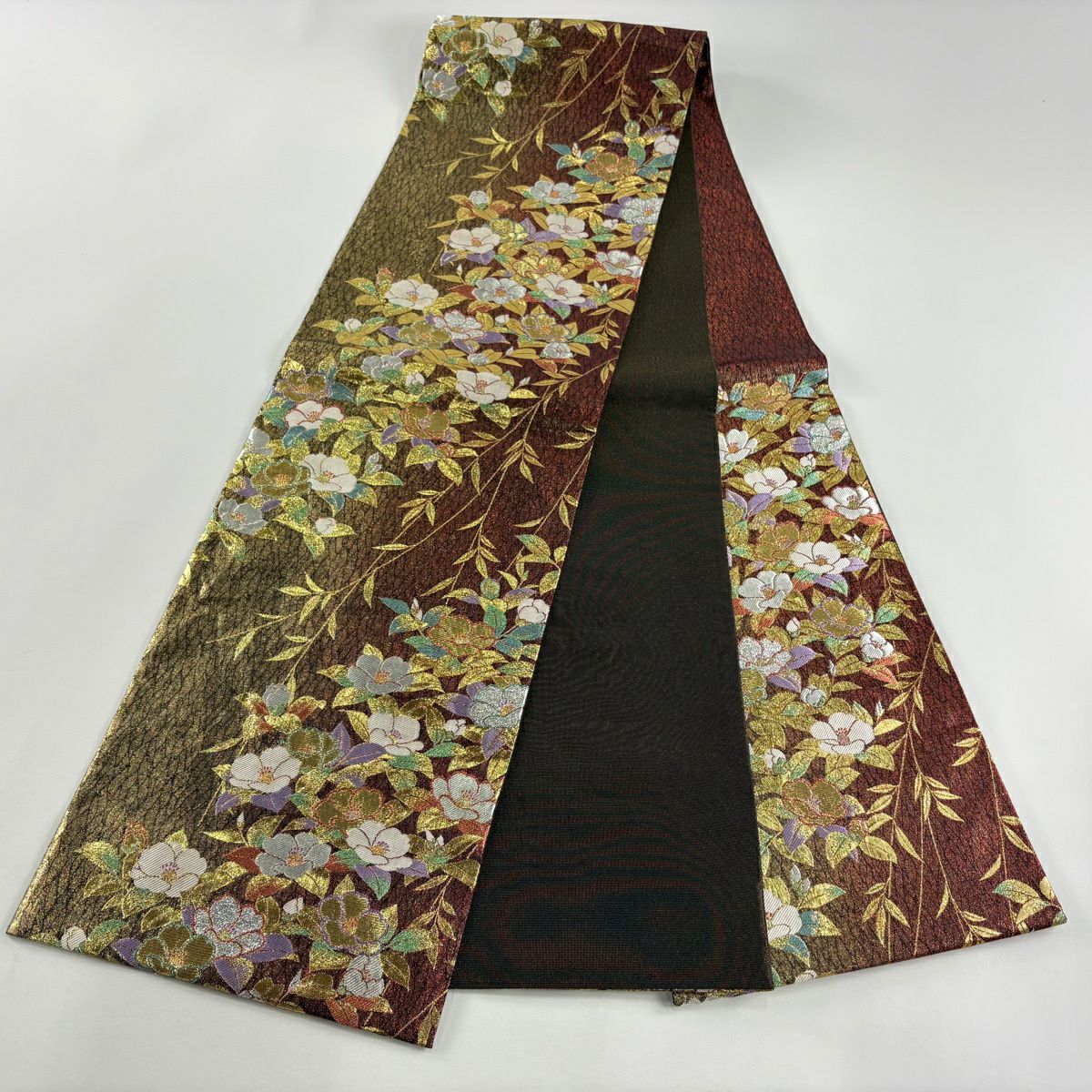 【美品】 袋帶 秀品級 椿 柳 金銀絲 金金箔 金色 六通 純蠶絲