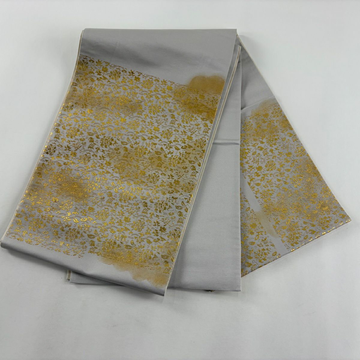 【美品】 袋帶 秀品級 花唐草紋 金銀彩 灰 純蠶絲