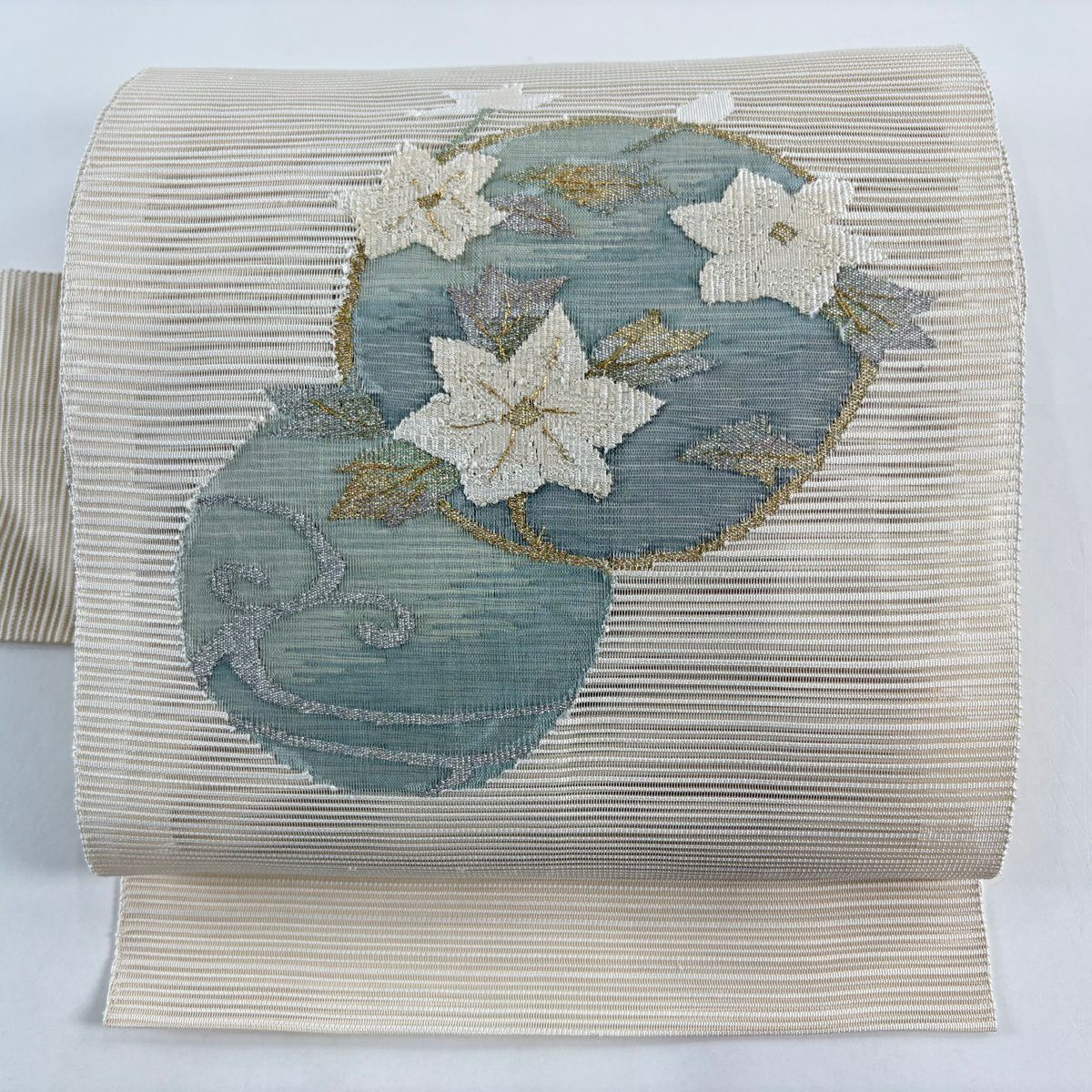 【美品】名古屋帶 秀品級 夏帶 絽料 隧道仕立 花丸紋 流水 金銀彩 米色 純蠶絲