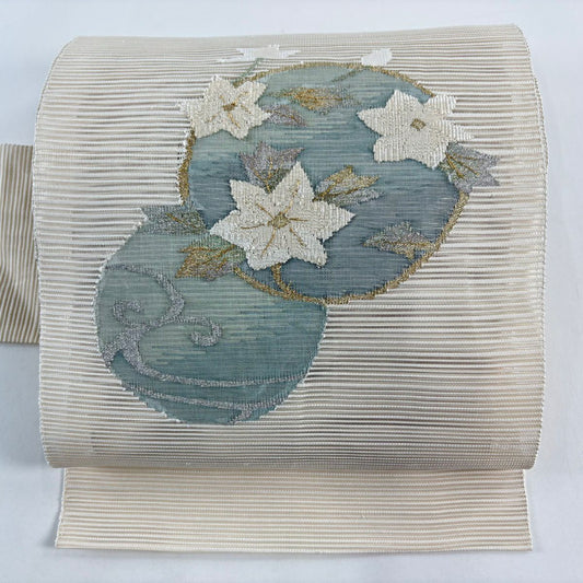 【美品】名古屋帶 秀品級 夏帶 絽料 隧道仕立 花丸紋 流水 金銀彩 米色 純蠶絲