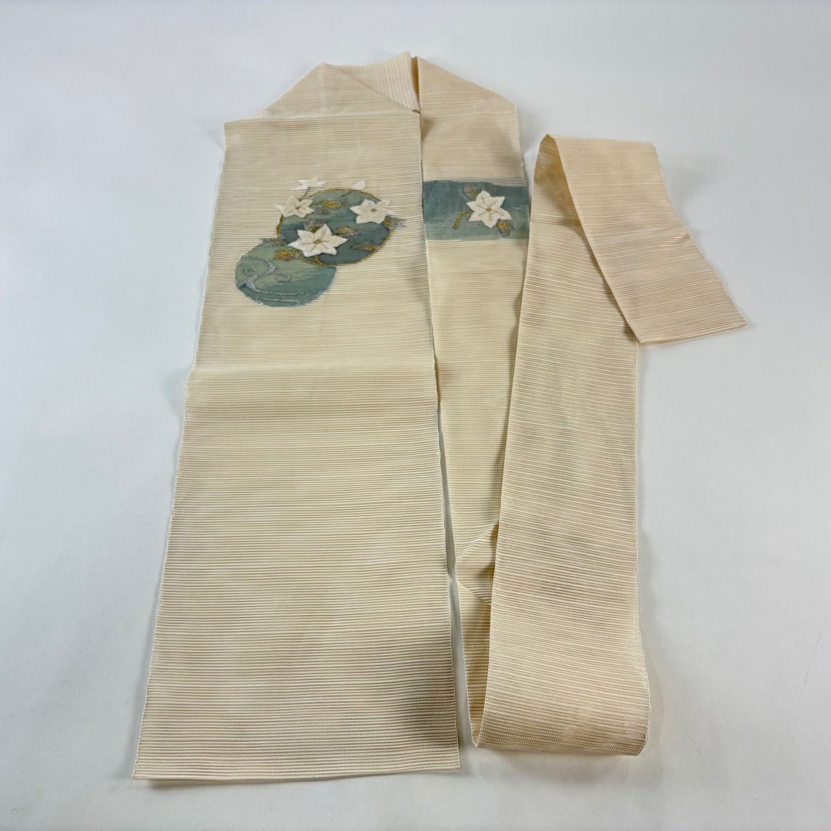 【美品】名古屋帶 秀品級 夏帶 絽料 隧道仕立 花丸紋 流水 金銀彩 米色 純蠶絲