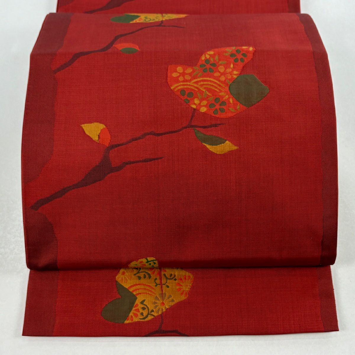 【美品】 袋帶 秀品級 木屋太 有落款 枝葉 茜 深紅 六通 純蠶絲