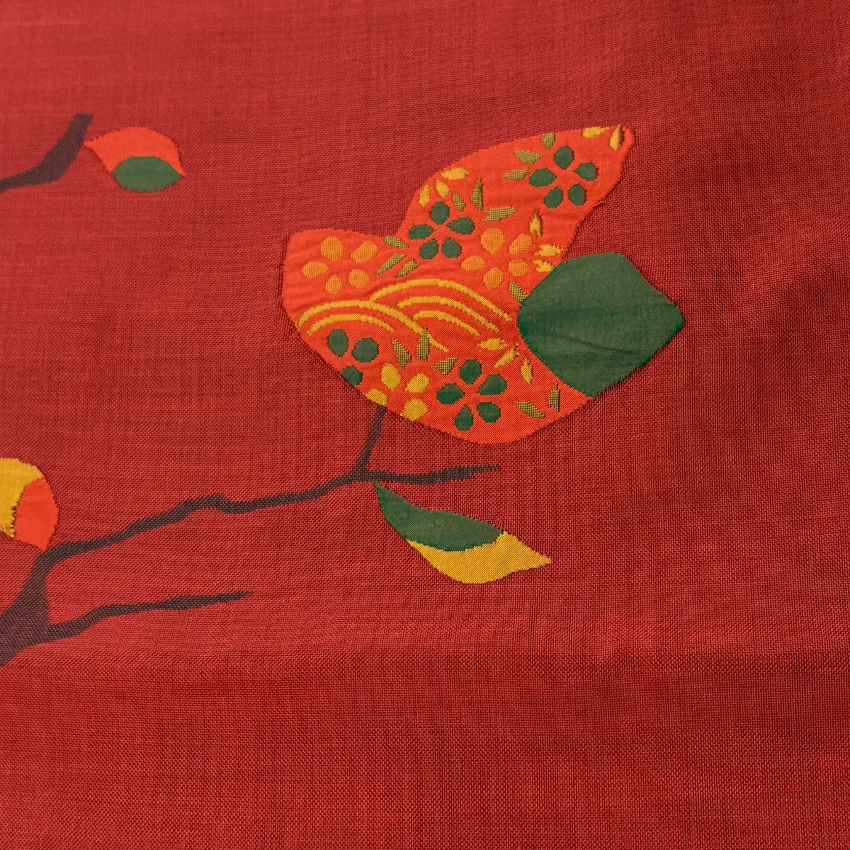 【美品】 袋帶 秀品級 木屋太 有落款 枝葉 茜 深紅 六通 純蠶絲