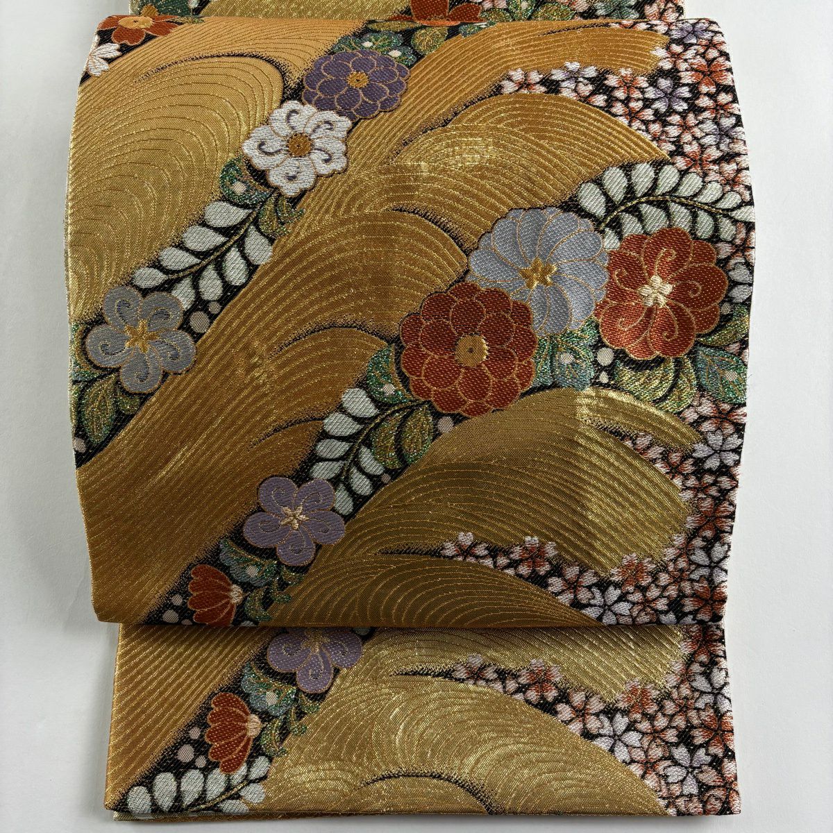 袋帶 秀品級 椿 波 金絲 金金箔 金色 六通 純蠶絲