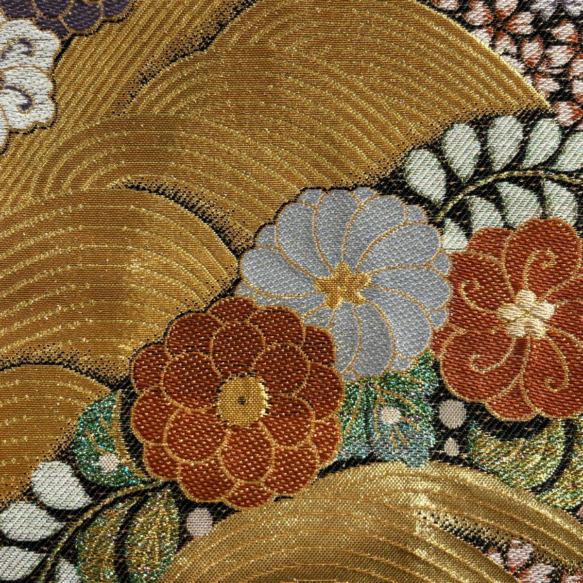 袋帶 秀品級 椿 波 金絲 金金箔 金色 六通 純蠶絲