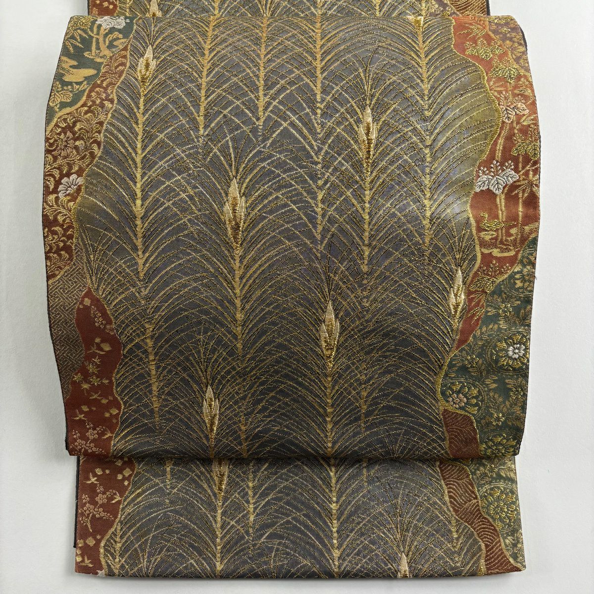 袋帶 秀品級 大王松樹 花鳥 金糸 金金箔 銀 お太鼓圖案 純蠶絲