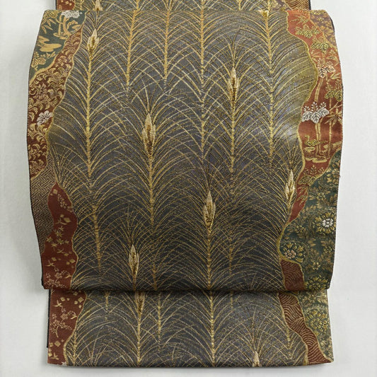 袋帶 秀品級 大王松樹 花鳥 金糸 金金箔 銀 お太鼓圖案 純蠶絲