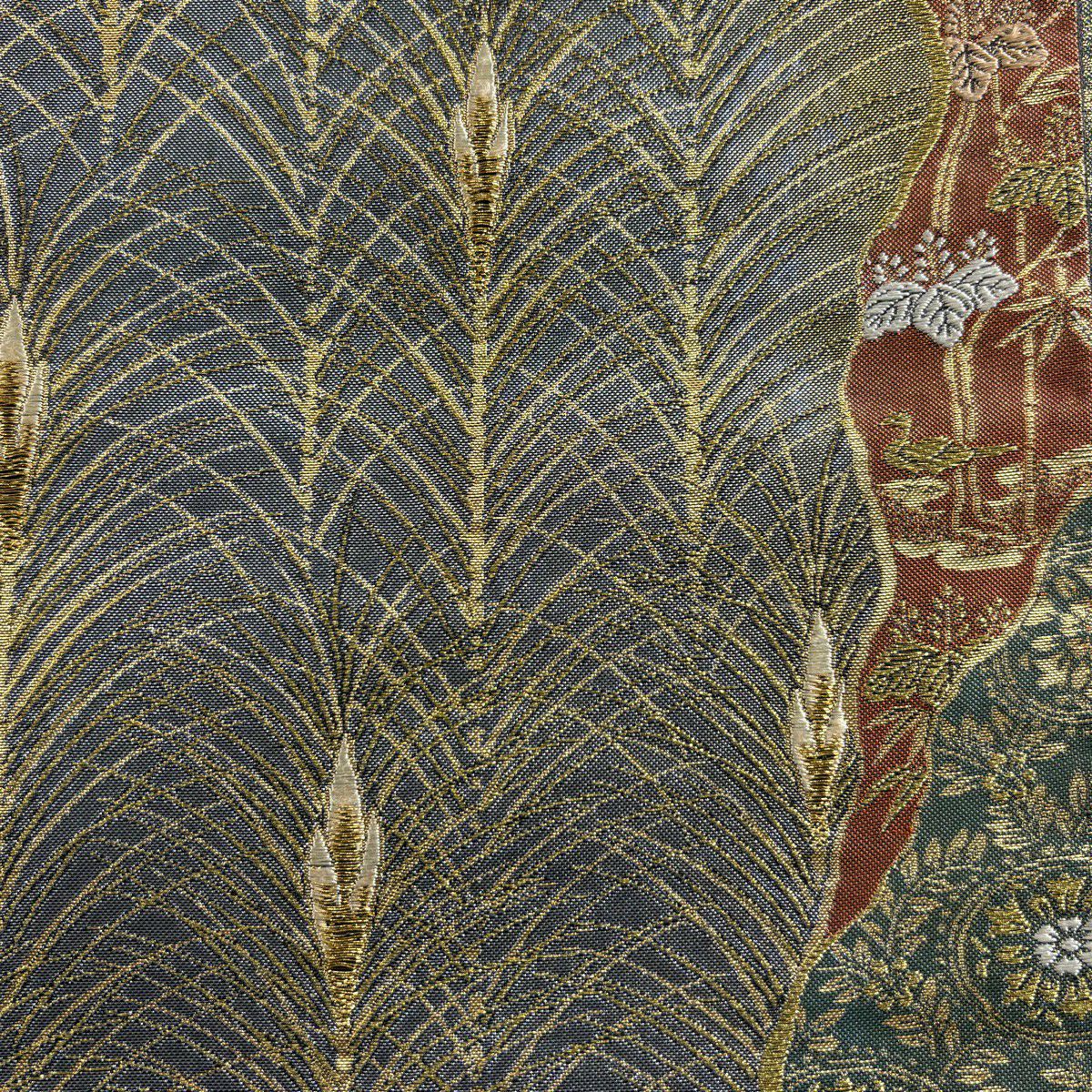 袋帶 秀品級 大王松樹 花鳥 金糸 金金箔 銀 お太鼓圖案 純蠶絲