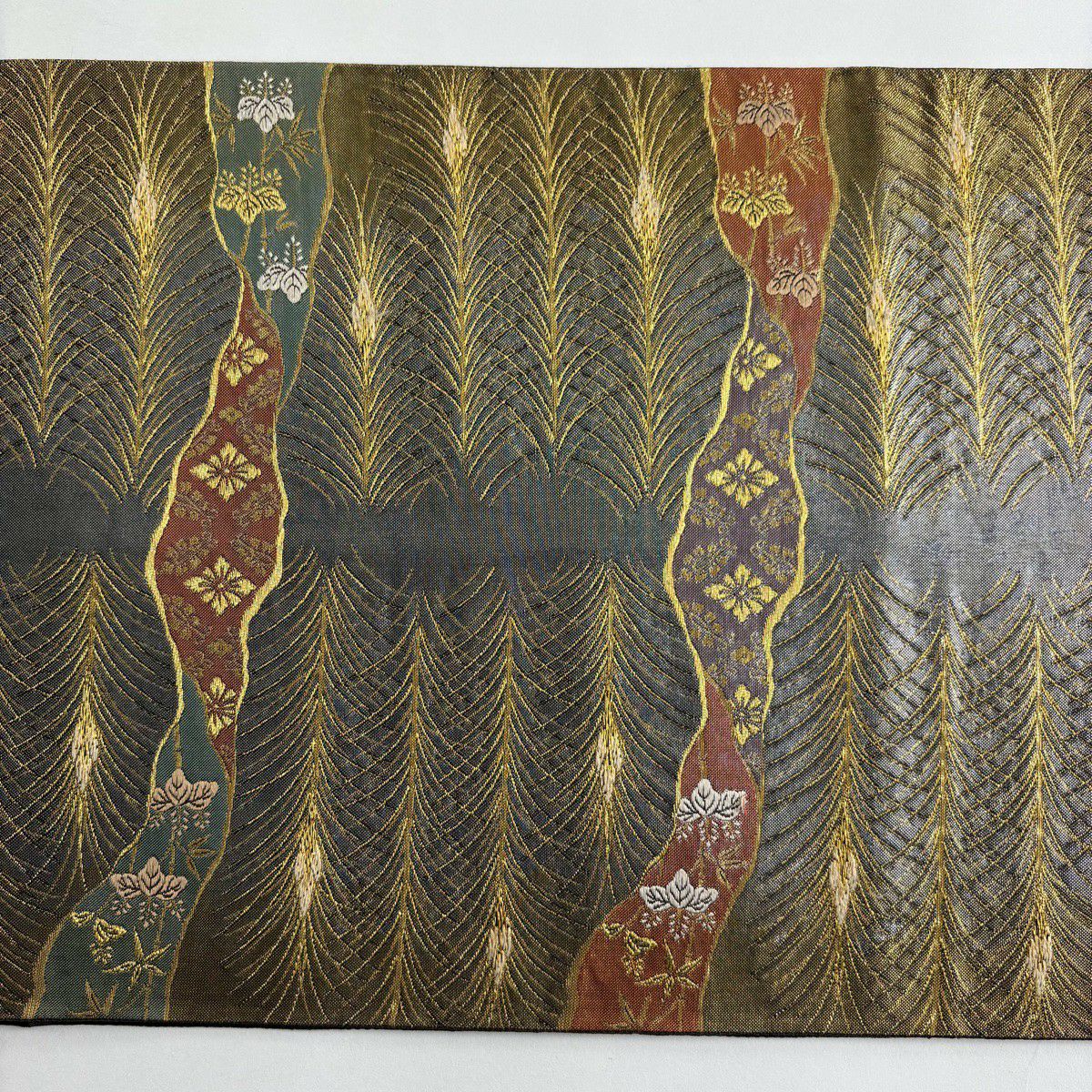 袋帶 秀品級 大王松樹 花鳥 金糸 金金箔 銀 お太鼓圖案 純蠶絲