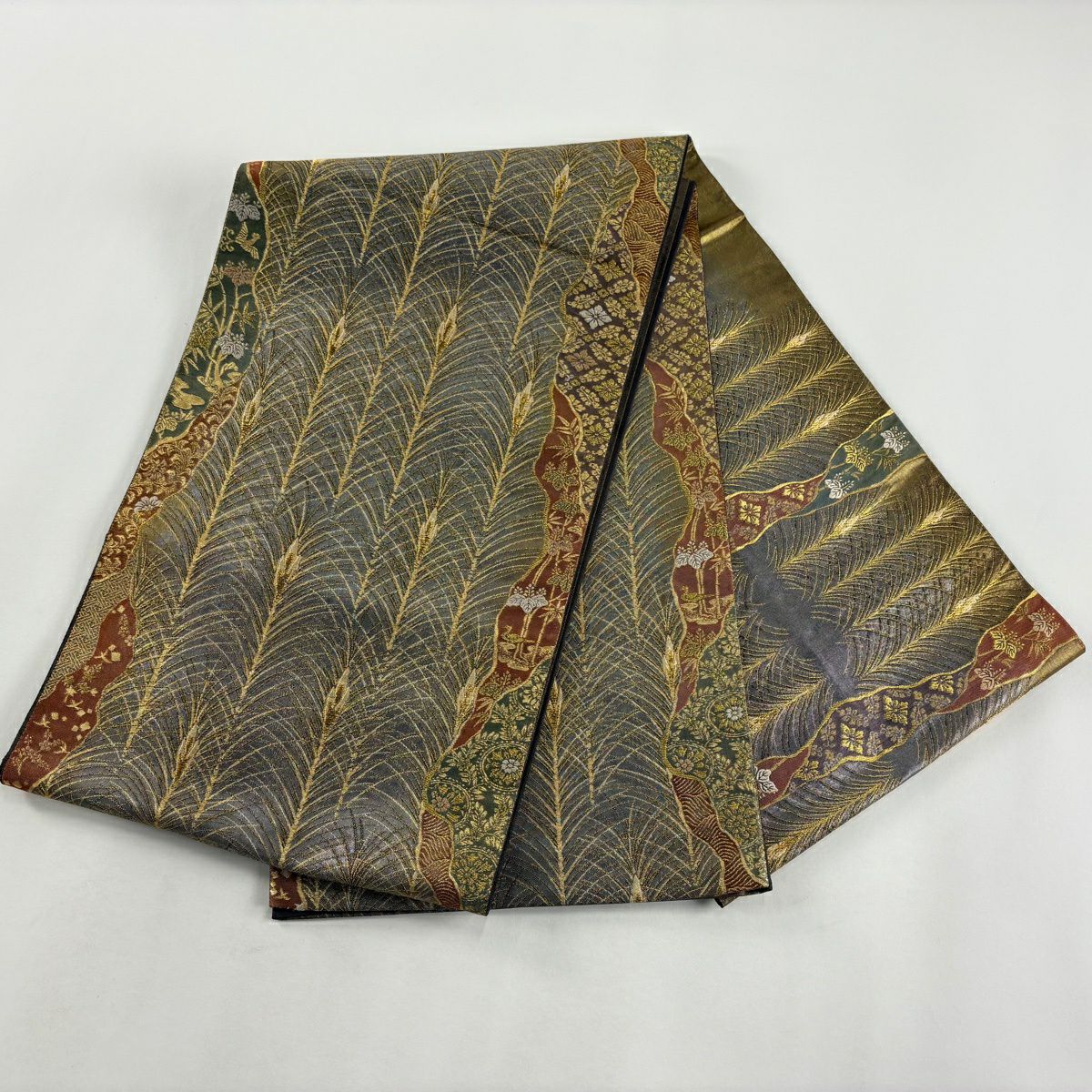 袋帶 秀品級 大王松樹 花鳥 金糸 金金箔 銀 お太鼓圖案 純蠶絲