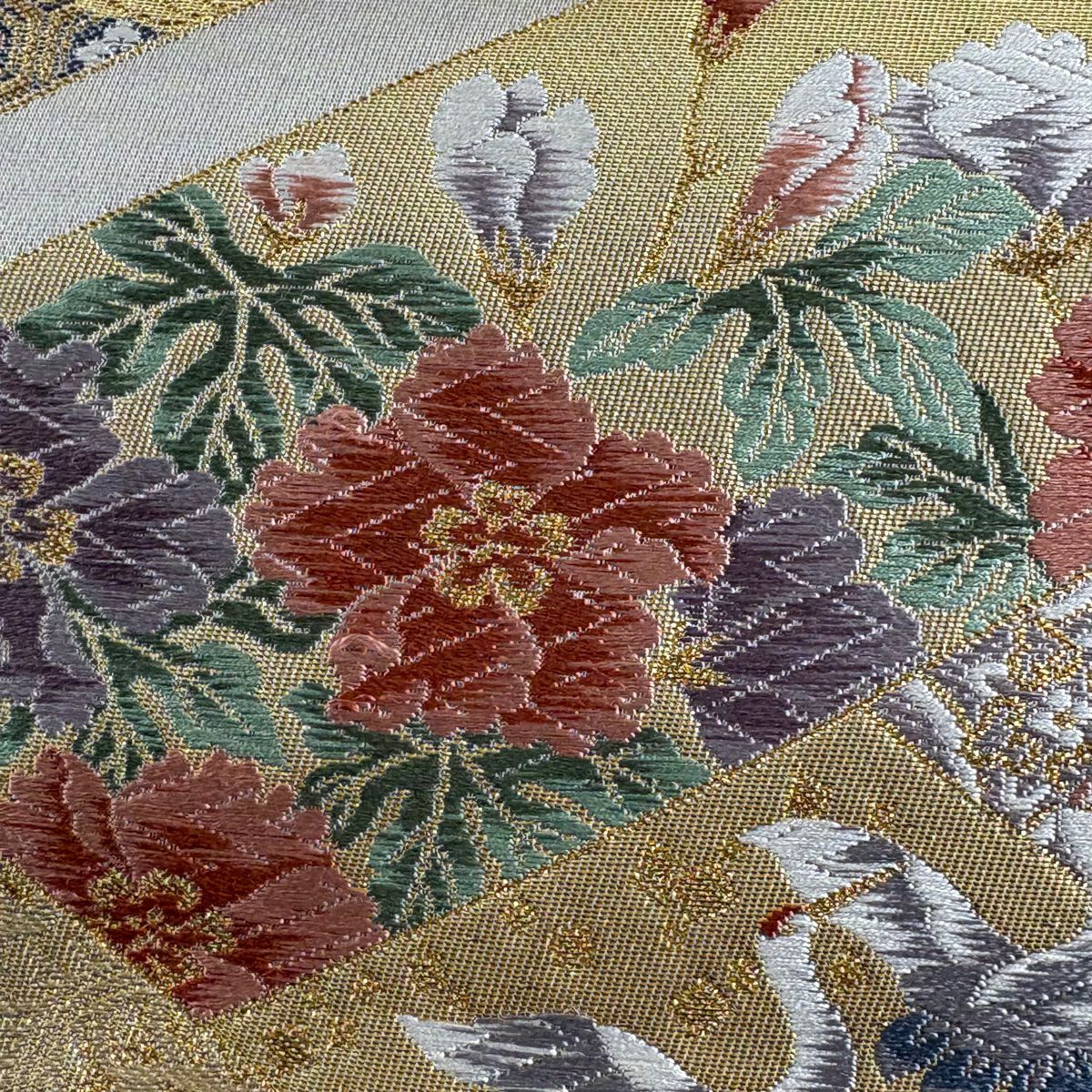 【美品】 袋帶 秀品級 花彩橫短冊文 仙鶴 刺繡 金線 灰色 六通 純蠶絲